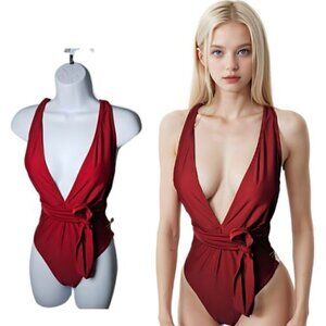 150.🆕Med  Deep V Neck Crisscross Back Self Tie Red Swimsuit NWOT